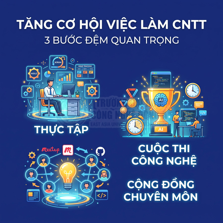 Poster hướng dẫn tăng cơ hội việc làm CNTT với ba bước thực tập, cuộc thi công nghệ và cộng đồng chuyên môn