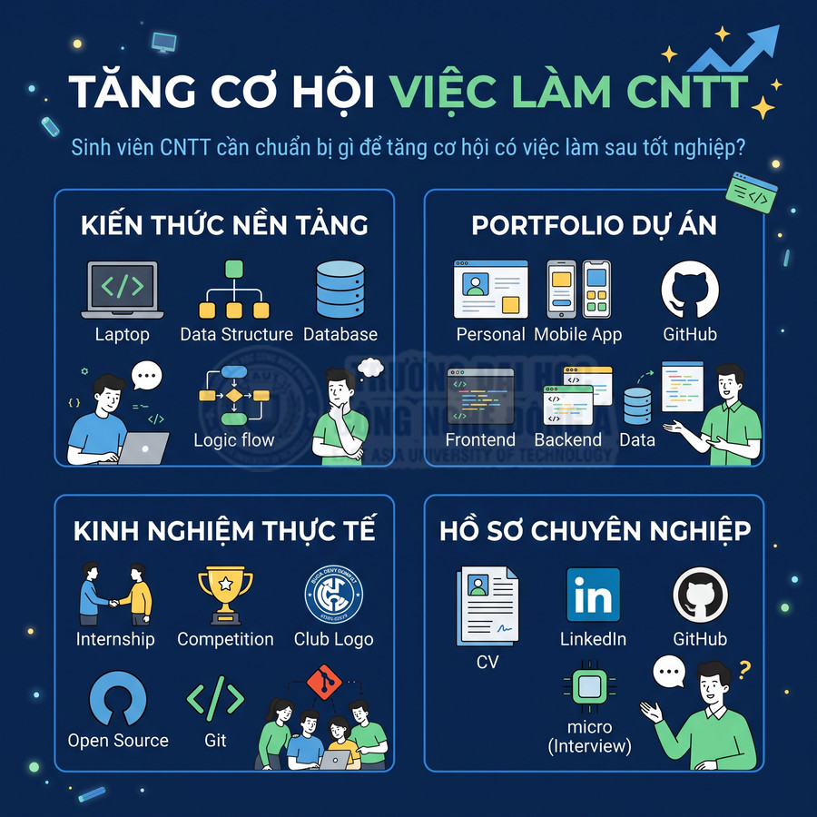 Infographic tăng cơ hội việc làm CNTT cho sinh viên với kiến thức nền tảng, portfolio, kinh nghiệm và hồ sơ chuyên nghiệp