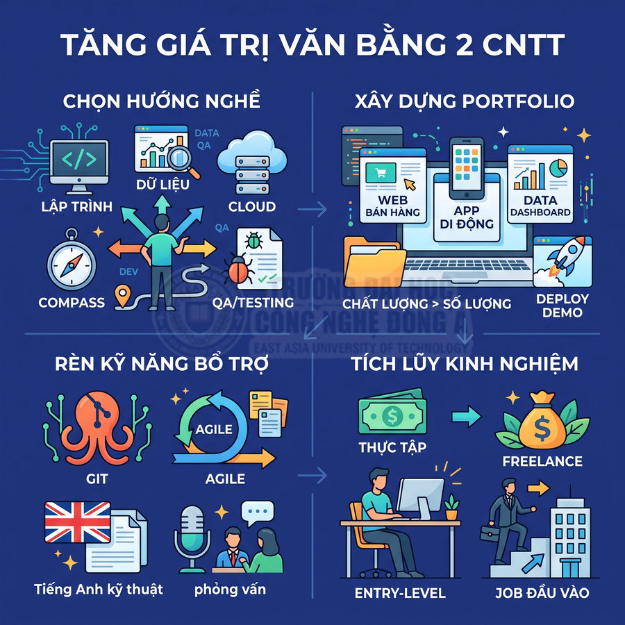 Infographic lộ trình tăng giá trị bằng văn bằng 2 CNTT với các bước chọn nghề, rèn kỹ năng và tích lũy kinh nghiệm
