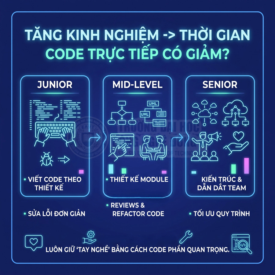 Infographic so sánh thời gian code trực tiếp của lập trình viên junior, mid level và senior trong quy trình phát triển phần mềm