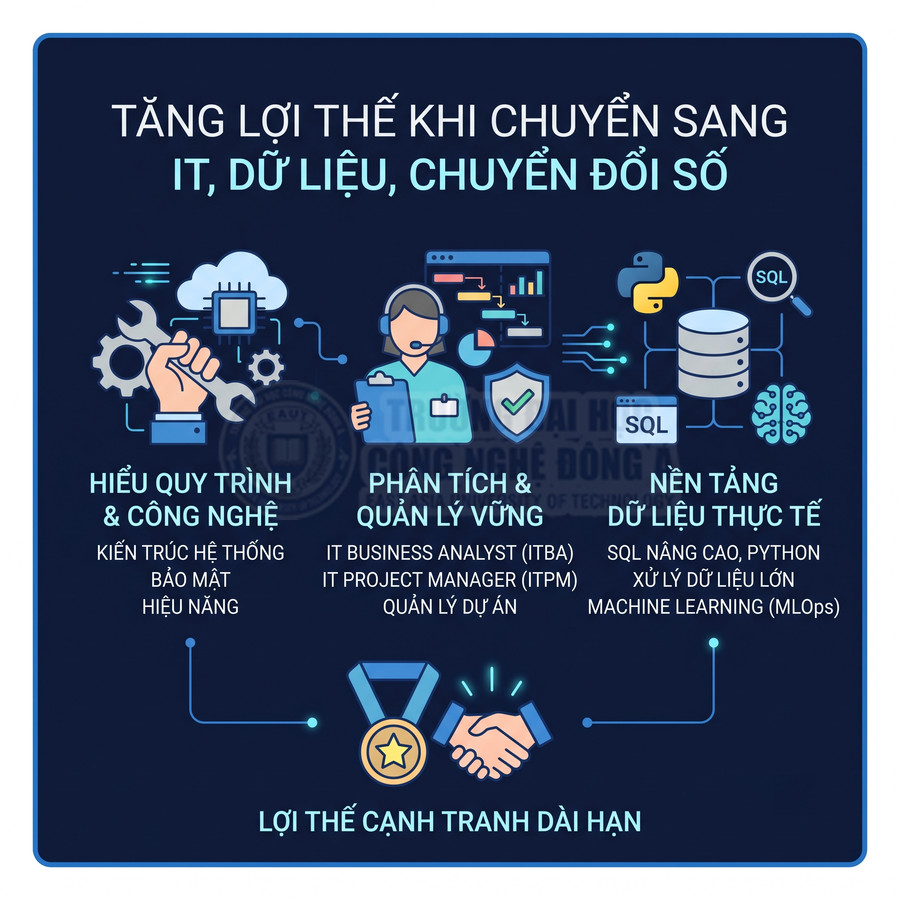 Infographic lợi ích chuyển sang ngành IT, dữ liệu, chuyển đổi số với kỹ năng quy trình, phân tích, quản lý và nền tảng dữ liệu