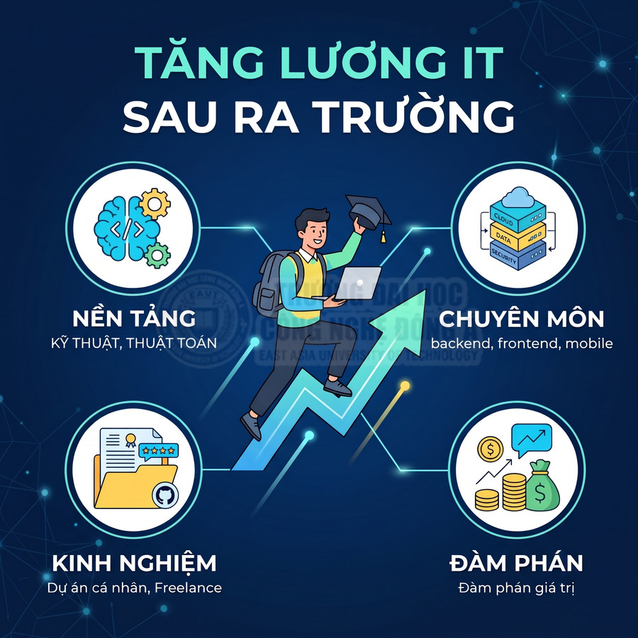 Infographic tăng lương IT sau ra trường với các yếu tố nền tảng, chuyên môn, kinh nghiệm và đàm phán