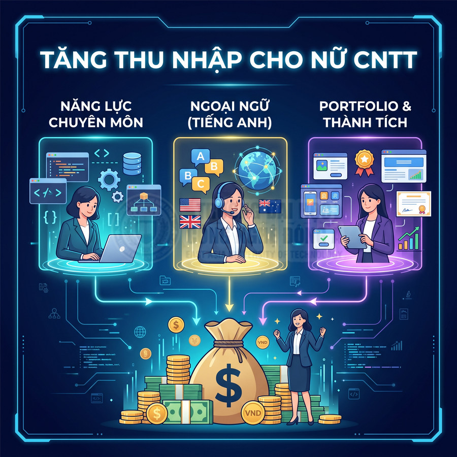 Minh họa các kỹ năng giúp nữ nhân viên CNTT tăng thu nhập gồm chuyên môn, tiếng Anh và portfolio thành tích