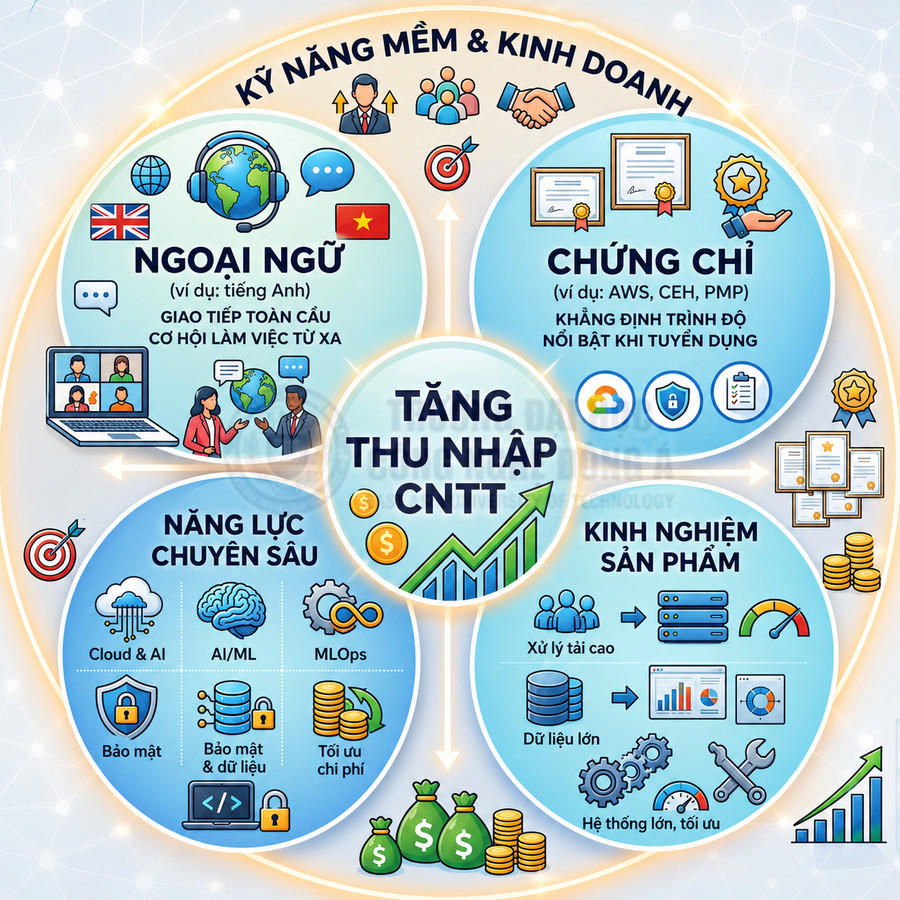 Infographic các yếu tố giúp tăng thu nhập ngành CNTT gồm ngoại ngữ, chứng chỉ, năng lực chuyên sâu và kinh nghiệm sản phẩm