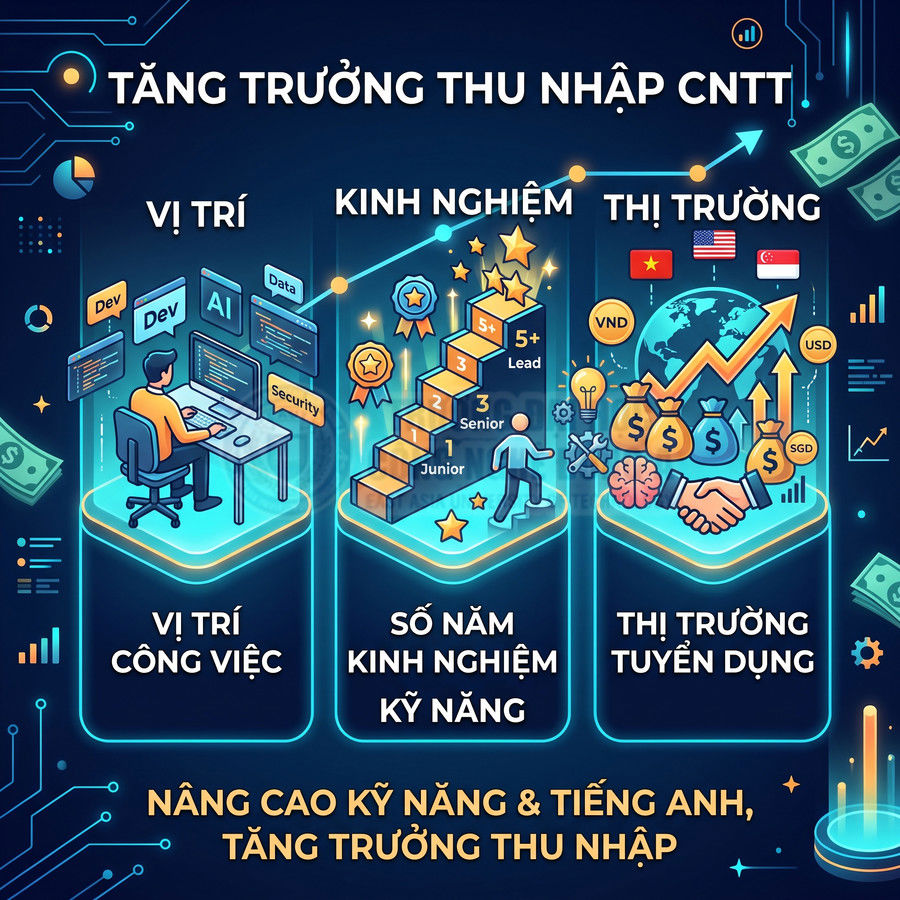 Infographic các yếu tố ảnh hưởng tăng trưởng thu nhập ngành CNTT gồm vị trí, kinh nghiệm và thị trường tuyển dụng
