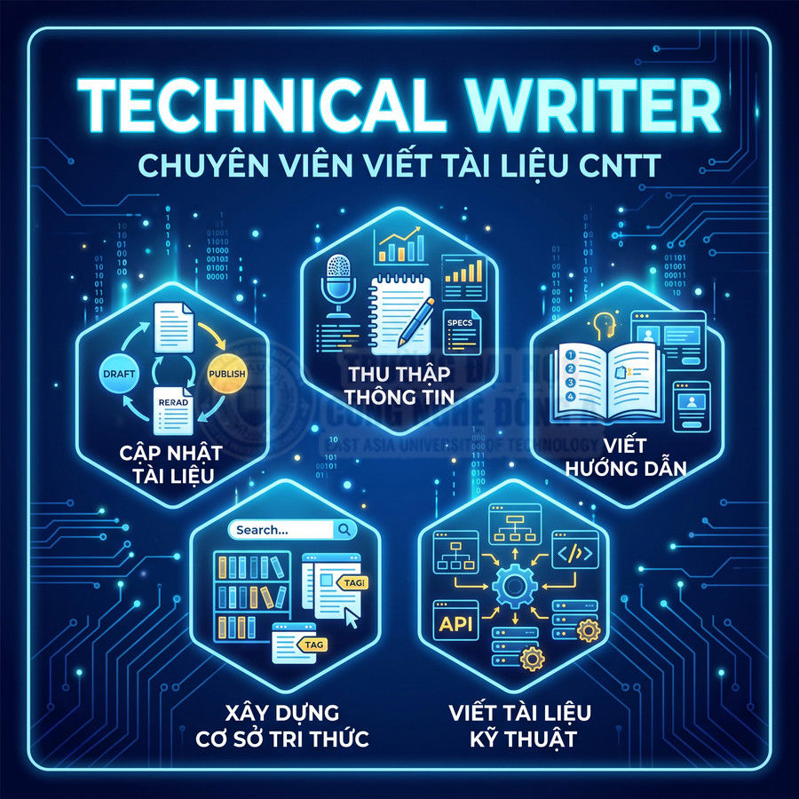 Mô tả công việc technical writer CNTT với các nhiệm vụ thu thập thông tin, viết hướng dẫn, cập nhật và tài liệu kỹ thuật
