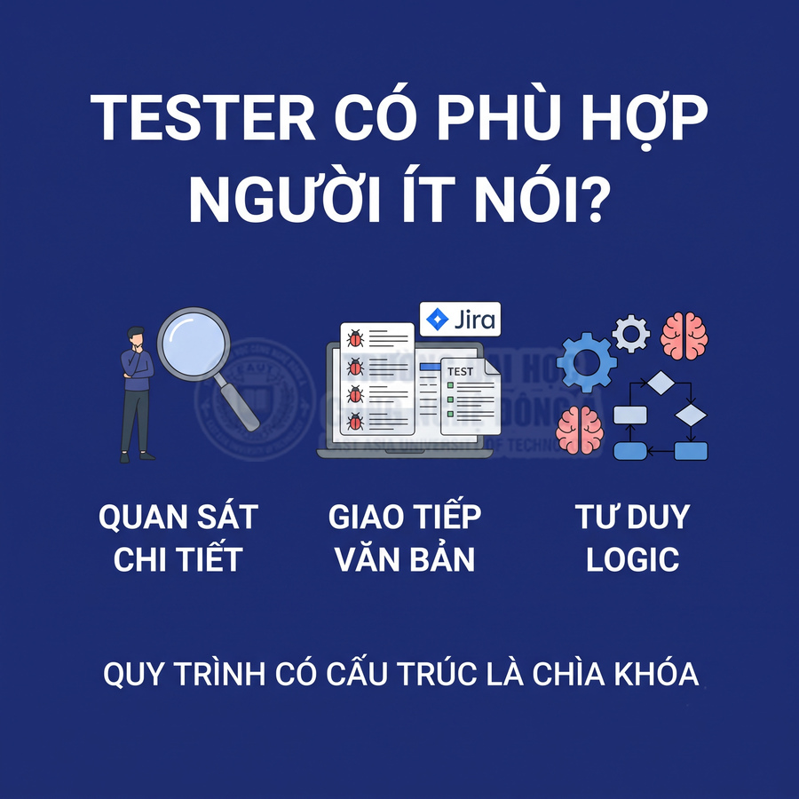 Tester cho người ít nói với kỹ năng quan sát chi tiết, giao tiếp văn bản, tư duy logic và quy trình có cấu trúc