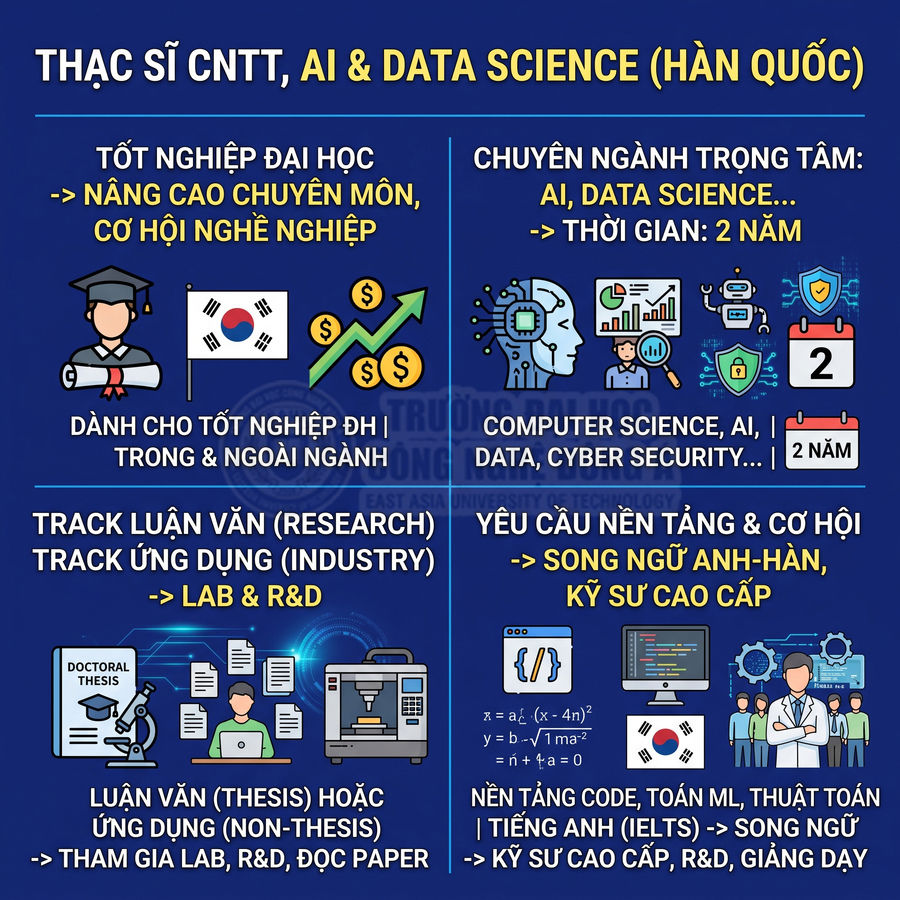 Poster giới thiệu chương trình thạc sĩ CNTT AI và Data Science tại Hàn Quốc với thông tin ngành học và cơ hội nghề nghiệp