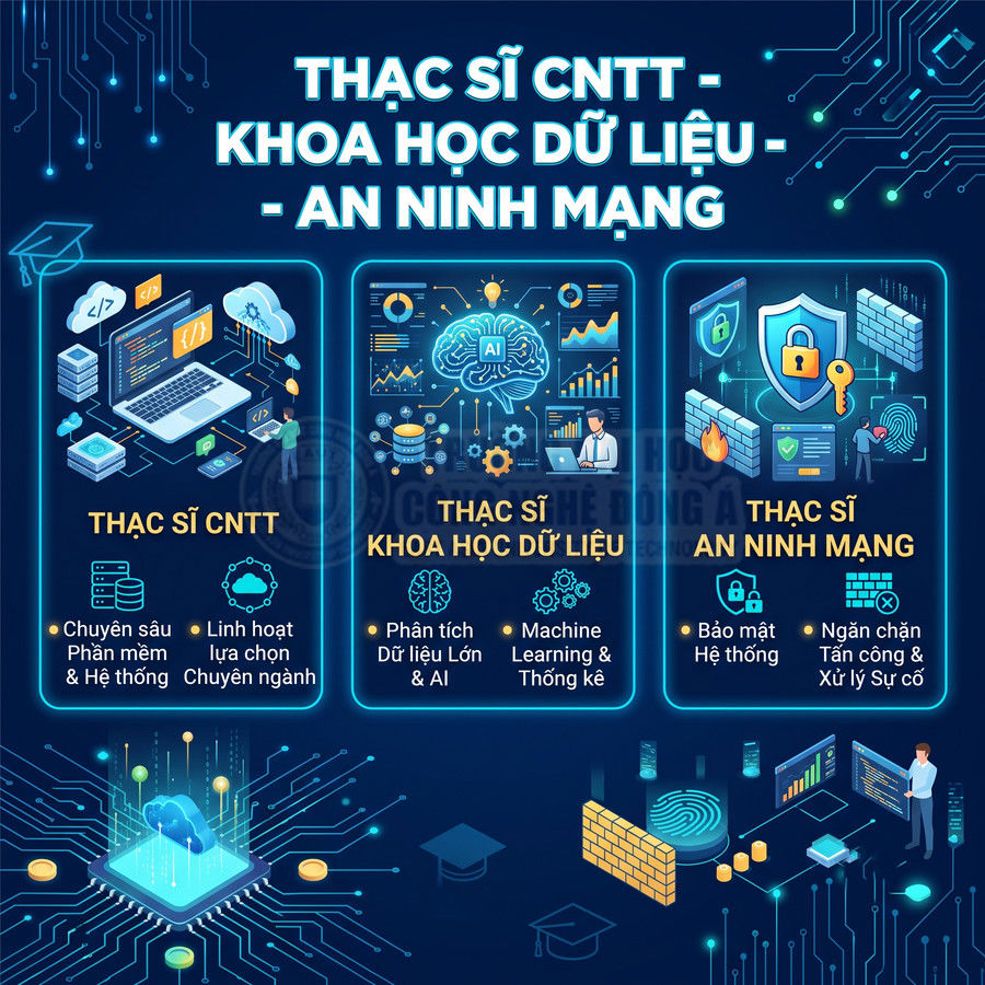 Poster giới thiệu chương trình thạc sĩ CNTT, khoa học dữ liệu và an ninh mạng với đồ họa laptop, AI và bảo mật mạng