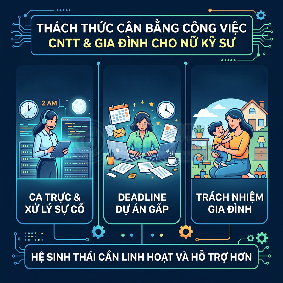 Nữ kỹ sư CNTT làm ca đêm, chạy deadline dự án và chăm con nhỏ, thể hiện áp lực cân bằng công việc gia đình