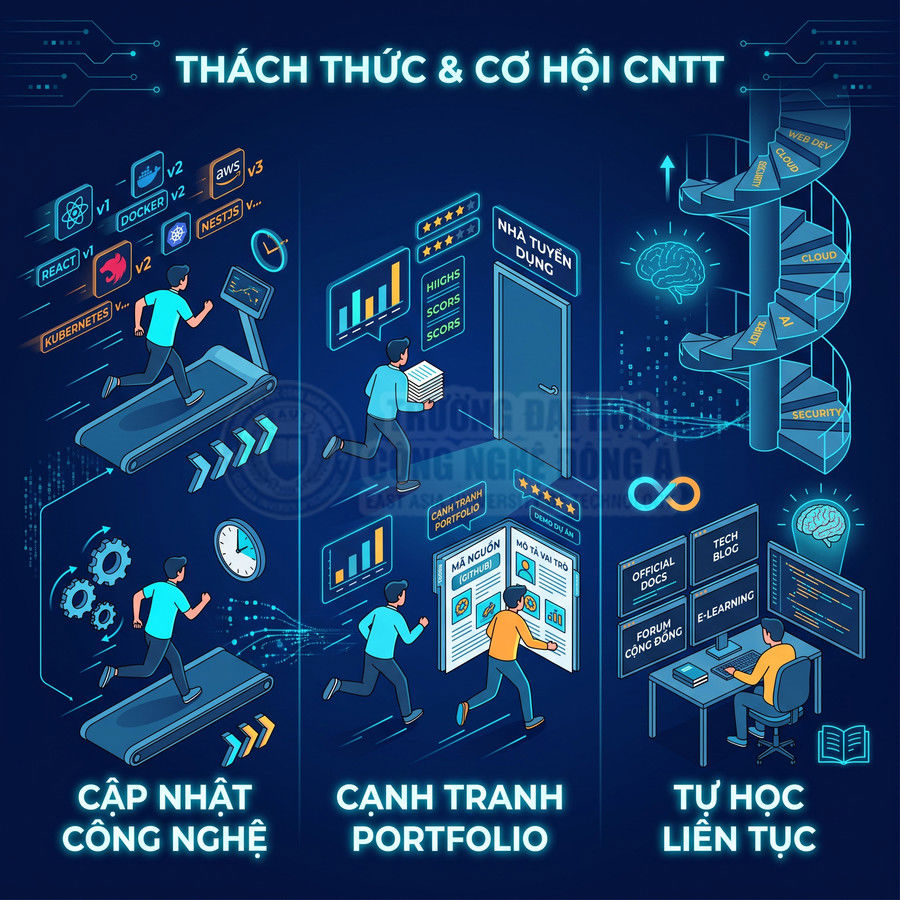 Minh họa thách thức và cơ hội ngành CNTT với lập trình viên chạy đua công nghệ, portfolio và tự học liên tục
