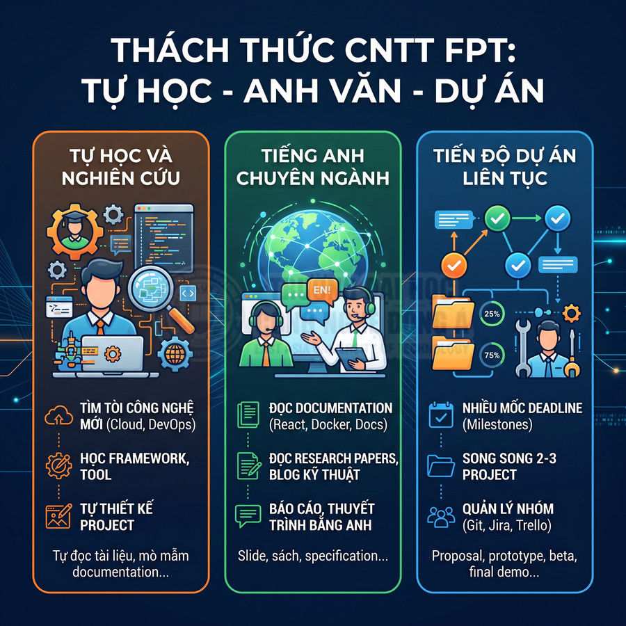 Poster giới thiệu thách thức ngành CNTT FPT với tự học, tiếng Anh chuyên ngành và tiến độ dự án liên tục