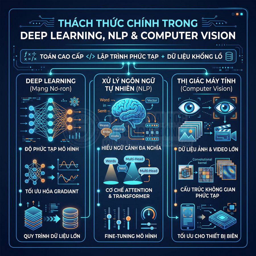 Minh họa các thách thức chính trong deep learning, xử lý ngôn ngữ tự nhiên và thị giác máy tính bằng đồ họa trực quan