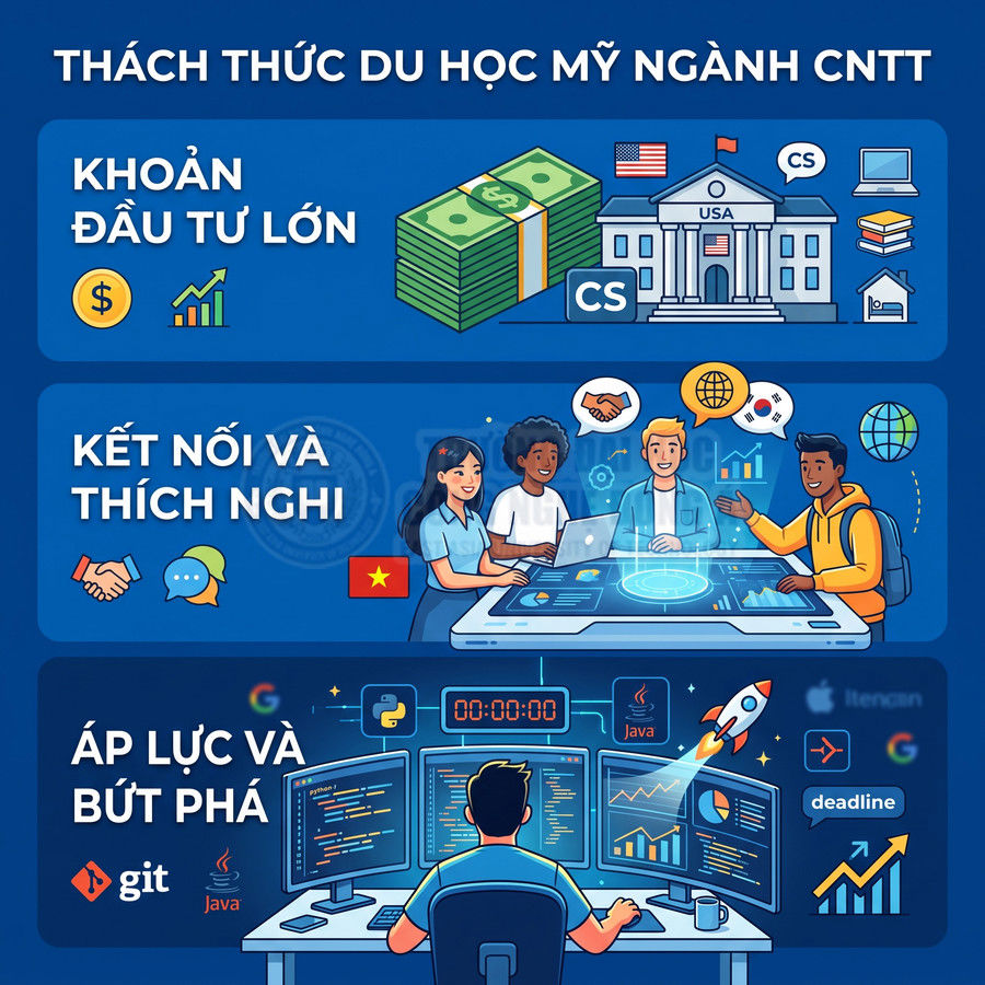 Minh họa thách thức du học Mỹ ngành CNTT với chi phí lớn, kết nối đa văn hóa và áp lực học lập trình, deadline