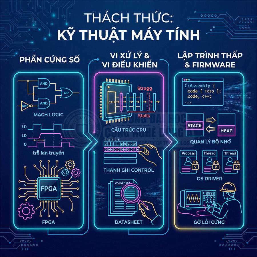 Infographic thách thức kỹ thuật máy tính với phần cứng số, vi xử lý, lập trình thấp và firmware