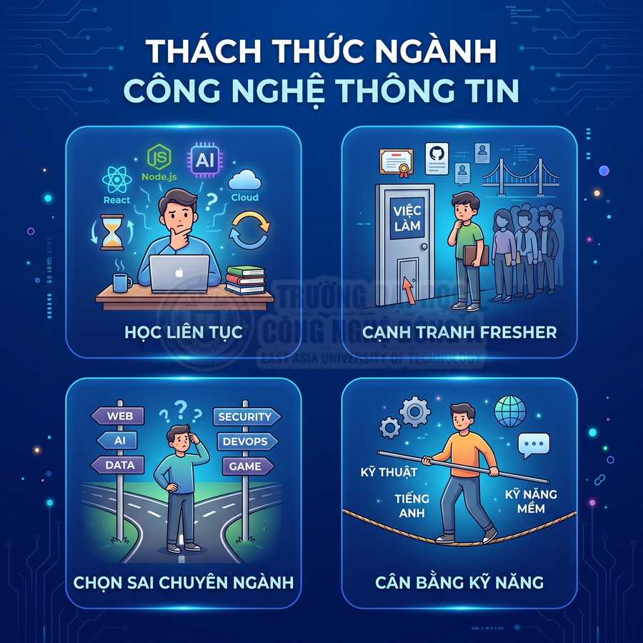 Infographic thách thức ngành công nghệ thông tin về học liên tục, cạnh tranh fresher, chọn sai chuyên ngành và cân bằng kỹ năng