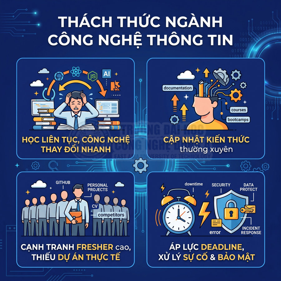 Thách thức ngành công nghệ thông tin với học liên tục, cạnh tranh fresher, cập nhật kiến thức và áp lực deadline