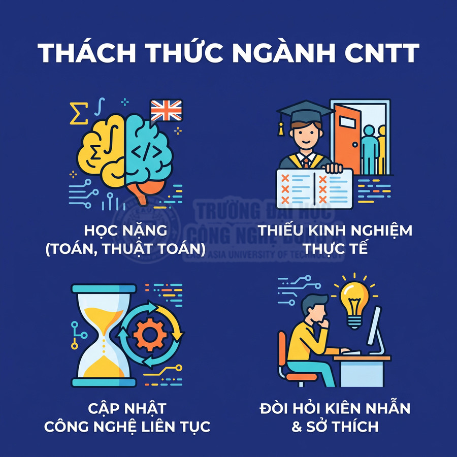 Các thách thức ngành công nghệ thông tin: học nặng, thiếu kinh nghiệm, cập nhật công nghệ, cần kiên nhẫn và đam mê