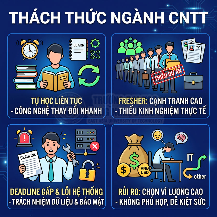 Các thách thức ngành công nghệ thông tin như tự học liên tục, cạnh tranh fresher, deadline gấp và áp lực lương cao