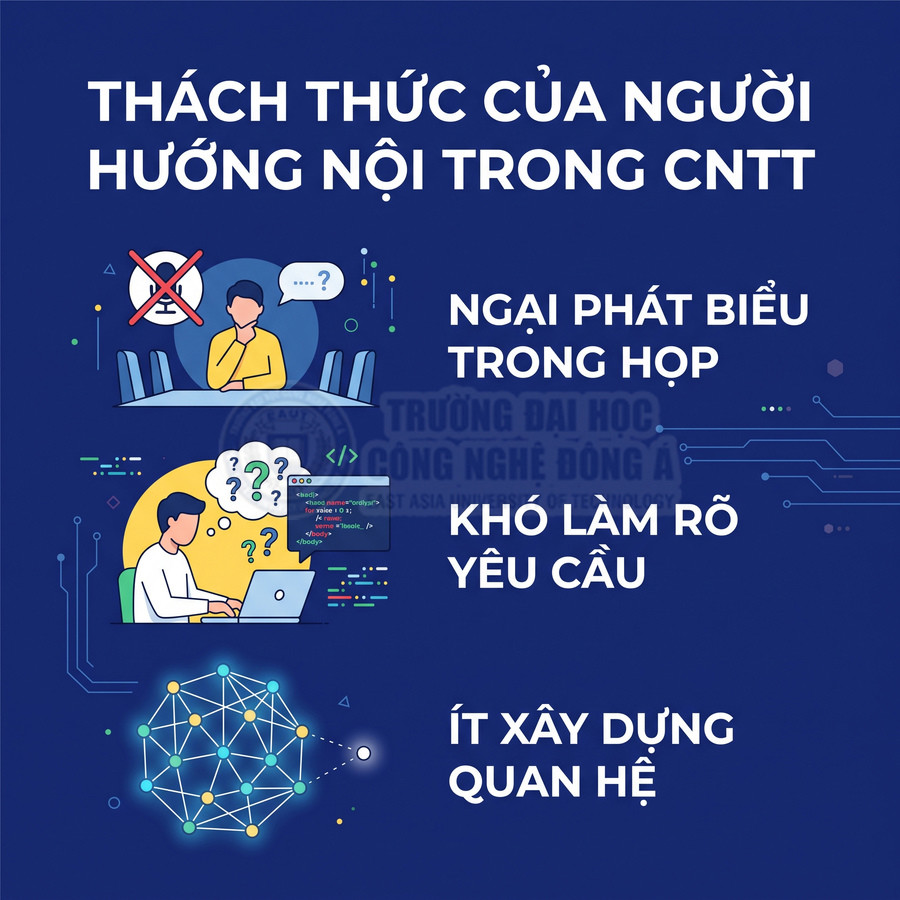 Thách thức của người hướng nội trong ngành CNTT với minh họa ngại phát biểu, khó làm rõ yêu cầu, ít xây dựng quan hệ