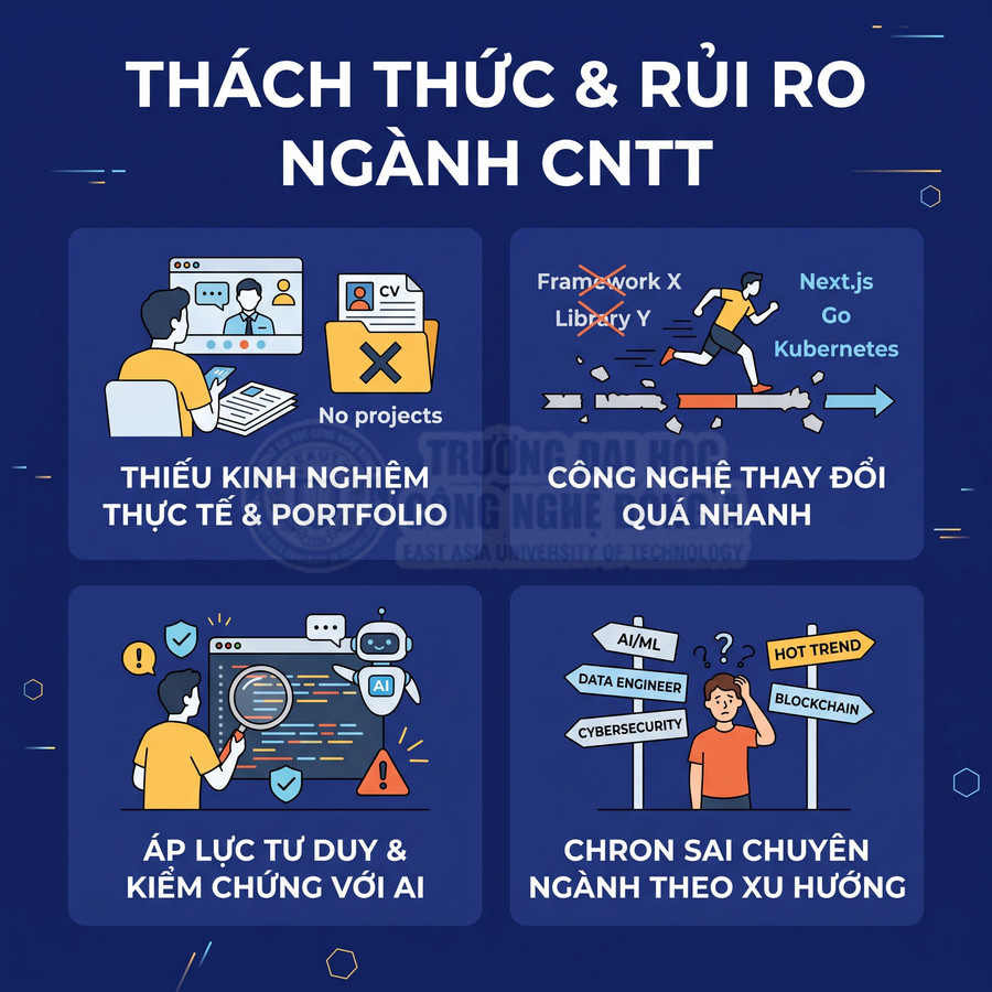 Thách thức và rủi ro ngành CNTT như thiếu kinh nghiệm, công nghệ thay đổi nhanh, áp lực AI, chọn sai chuyên ngành