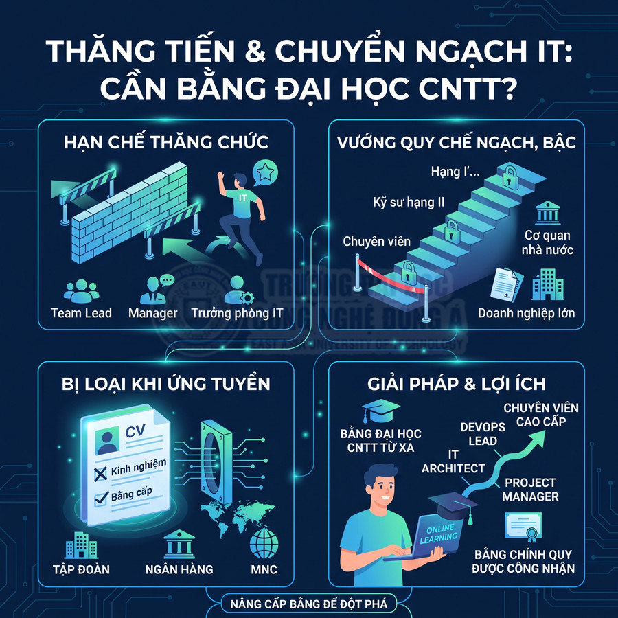 Infographic thăng tiến và chuyển ngạch IT, lợi ích bằng đại học CNTT từ xa và cơ hội nghề nghiệp IT