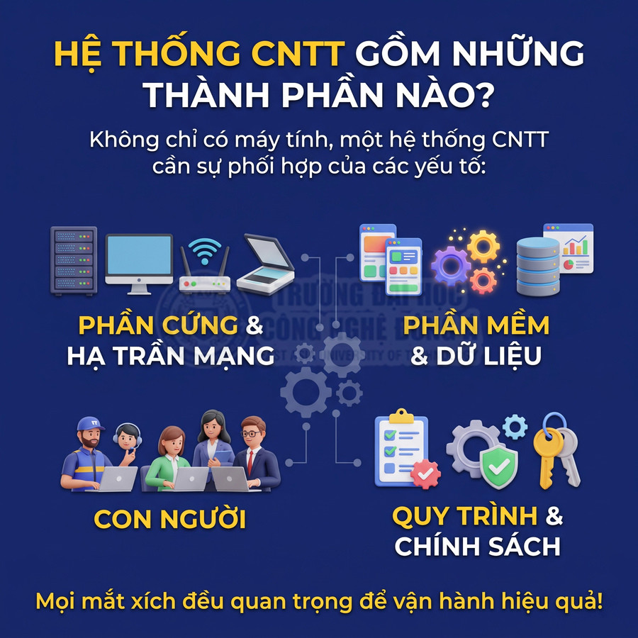 Các thành phần của hệ thống CNTT gồm phần cứng, hạ tầng mạng, phần mềm, dữ liệu, con người, quy trình và chính sách