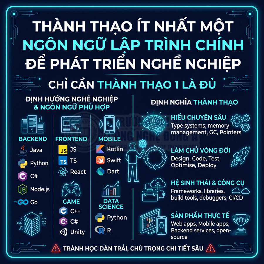 Infographic định hướng học ngôn ngữ lập trình Java, Python, JavaScript, Kotlin, Swift cho backend, frontend, mobile, game, data science