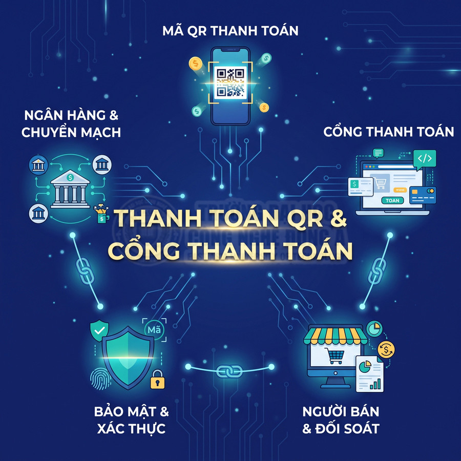 Thanh toán QR và cổng thanh toán kết nối ngân hàng, người bán, bảo mật và đối soát giao dịch