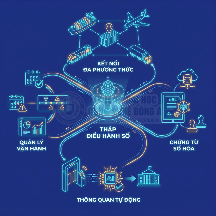 Tháp điều hành số kết nối vận tải đa phương thức quản lý vận hành chứng từ số hóa và thông quan tự động