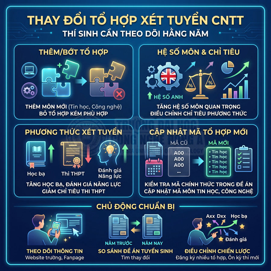 Infographic thay đổi tổ hợp xét tuyển CNTT, thêm môn Tin học Công nghệ, cập nhật mã tổ hợp và điều chỉnh phương thức tuyển sinh