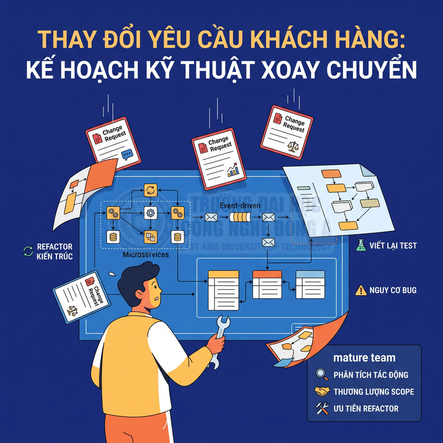Minh họa lập trình viên thiết kế kiến trúc microservices xử lý yêu cầu thay đổi phần mềm