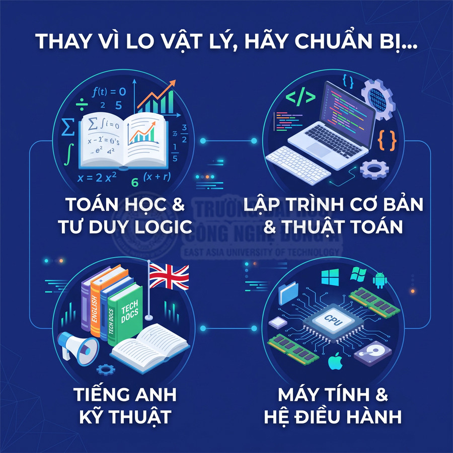 Infographic chuẩn bị kiến thức toán học, lập trình, tiếng Anh kỹ thuật, máy tính và hệ điều hành cho sinh viên công nghệ