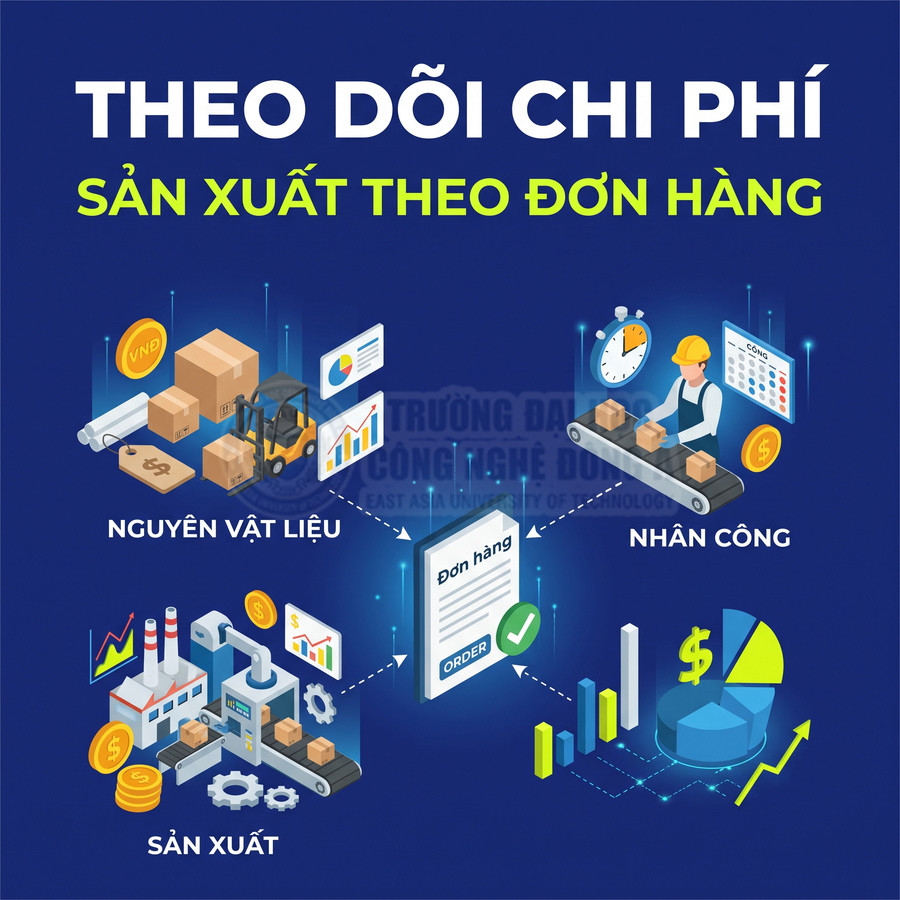 Theo dõi chi phí sản xuất theo đơn hàng gồm nguyên vật liệu, nhân công, sản xuất và biểu đồ chi phí.