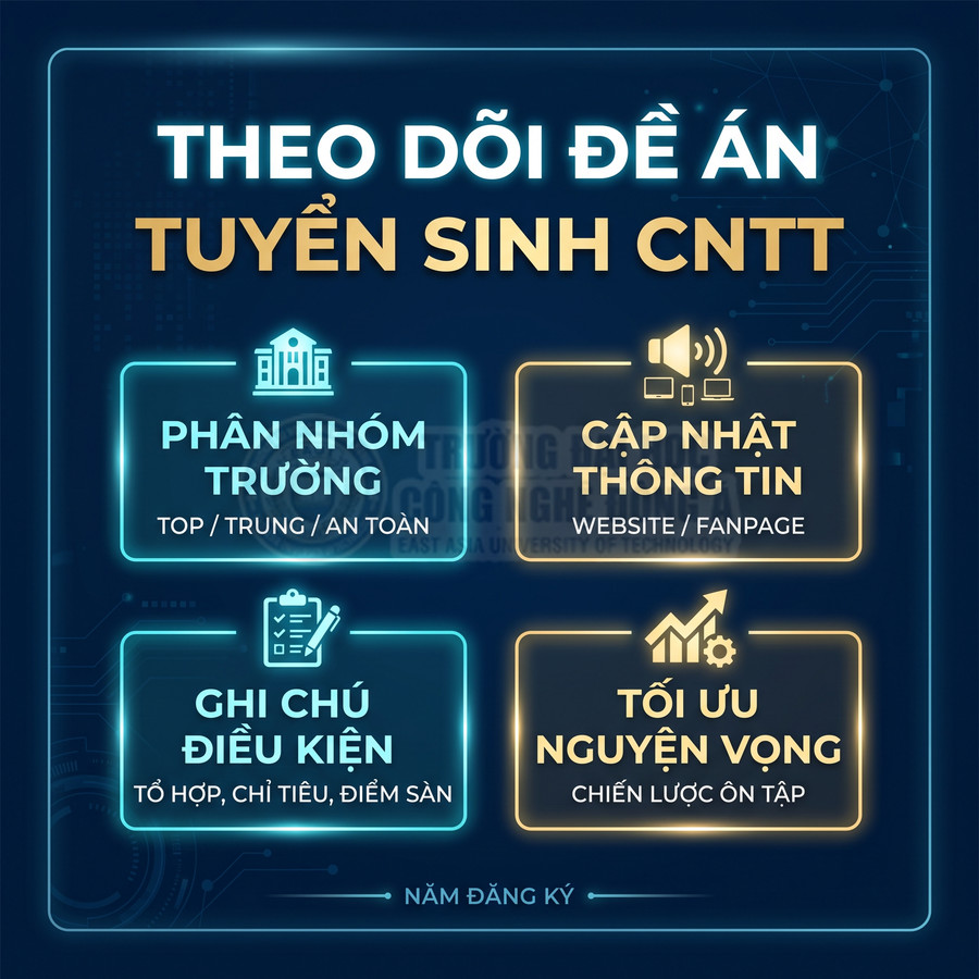 Hướng dẫn theo dõi đề án tuyển sinh CNTT với phân nhóm trường, cập nhật thông tin, ghi chú điều kiện và tối ưu nguyện vọng