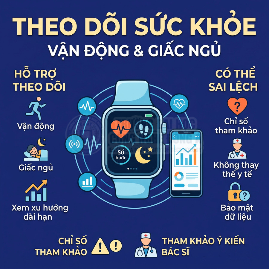 Đồng hồ thông minh theo dõi sức khỏe, vận động và giấc ngủ, kết nối với điện thoại hiển thị chỉ số tham khảo