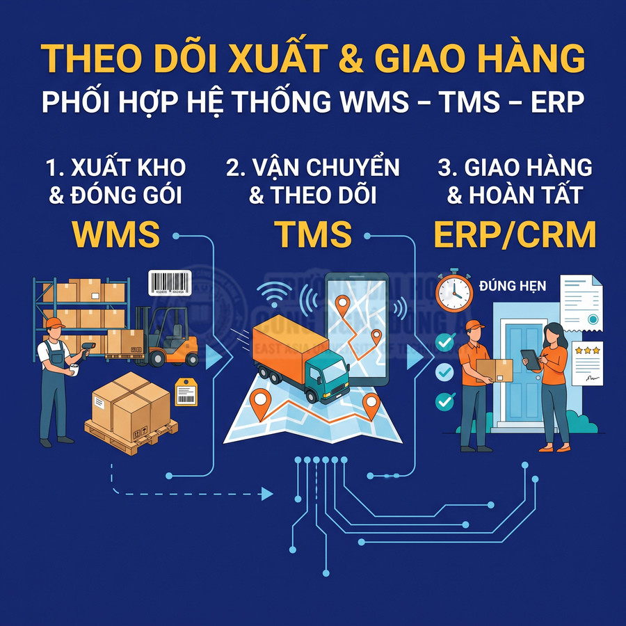Quy trình xuất kho, vận chuyển và giao hàng phối hợp qua hệ thống WMS, TMS và ERP/CRM