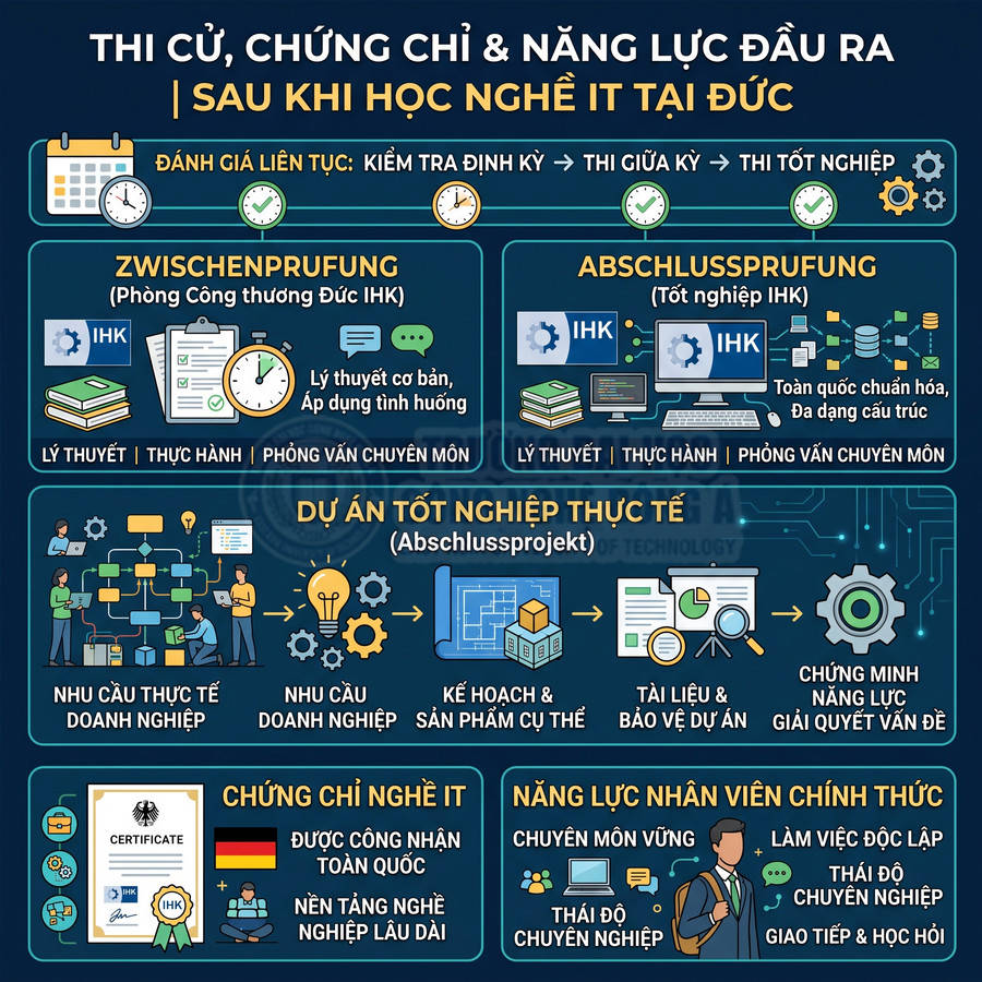 Infographic quy trình thi cử, chứng chỉ và năng lực đầu ra sau khi học nghề IT tại Đức