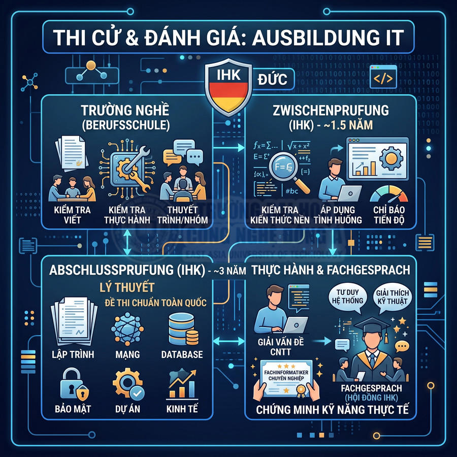 Infographic quy trình thi cử và đánh giá Ausbildung IT tại Đức với các bước học nghề, kiểm tra IHK và thực hành CNTT