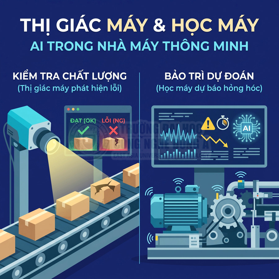 Hệ thống AI kiểm tra lỗi sản phẩm trên băng chuyền và dự đoán bảo trì máy móc nhà máy thông minh