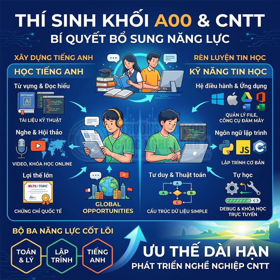 Infographic bí quyết bổ sung năng lực tiếng Anh và tin học cho thí sinh khối A00 và ngành CNTT
