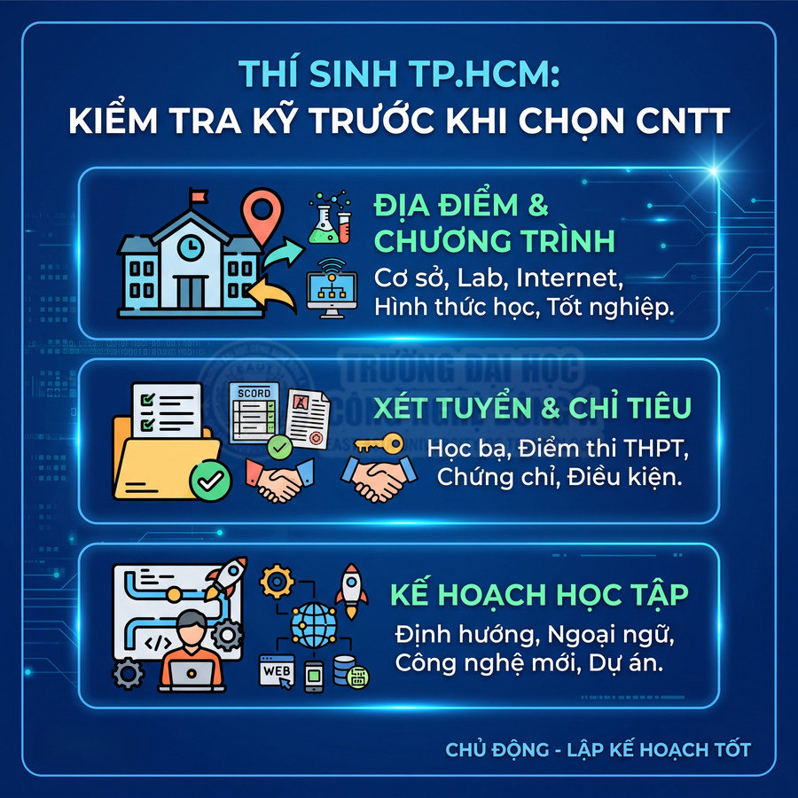 Infographic hướng dẫn thí sinh TP.HCM kiểm tra địa điểm, xét tuyển và kế hoạch học tập trước khi chọn ngành CNTT