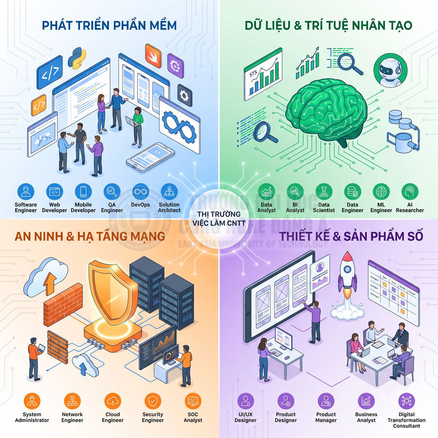 Các nhóm ngành nghề trong thị trường việc làm CNTT gồm phát triển phần mềm, AI, an ninh mạng và thiết kế sản phẩm số