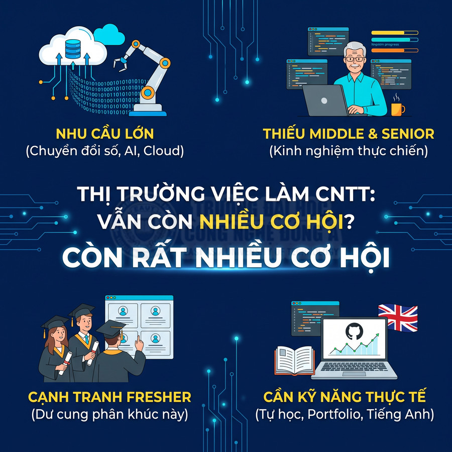 Infographic thị trường việc làm CNTT, nhu cầu lớn, thiếu nhân sự kinh nghiệm, cạnh tranh fresher, cần kỹ năng thực tế