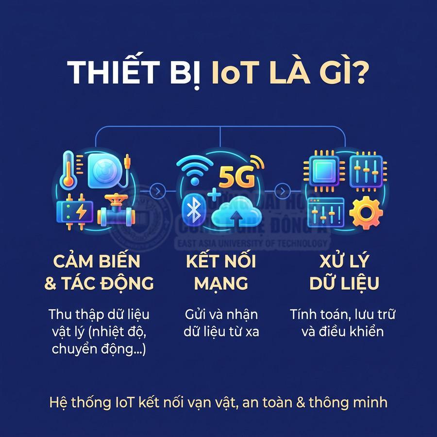 Các thành phần của thiết bị IoT gồm cảm biến, kết nối mạng và bộ xử lý dữ liệu, giúp thu thập, truyền và điều khiển dữ liệu.
