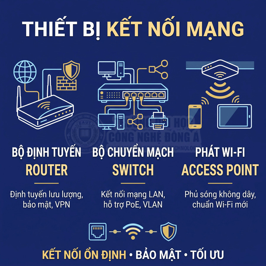 Các thiết bị kết nối mạng gồm bộ định tuyến router, bộ chuyển mạch switch và bộ phát Wi-Fi access point.