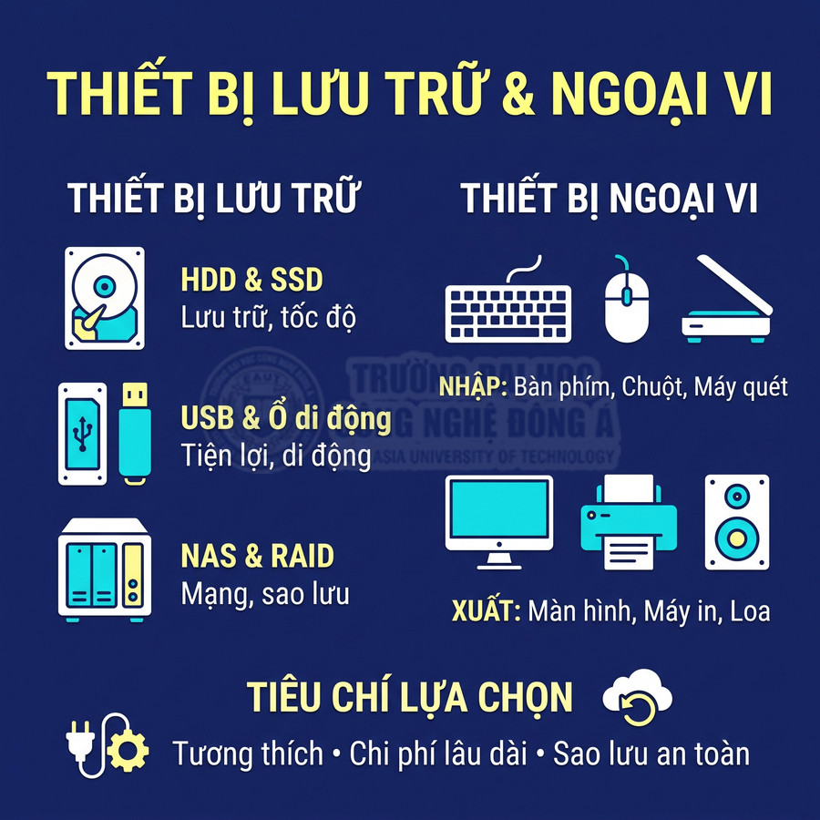 Thiết bị lưu trữ HDD, SSD, USB, ổ di động, NAS và RAID cùng thiết bị ngoại vi như bàn phím, chuột, máy quét, màn hình, máy in và loa
