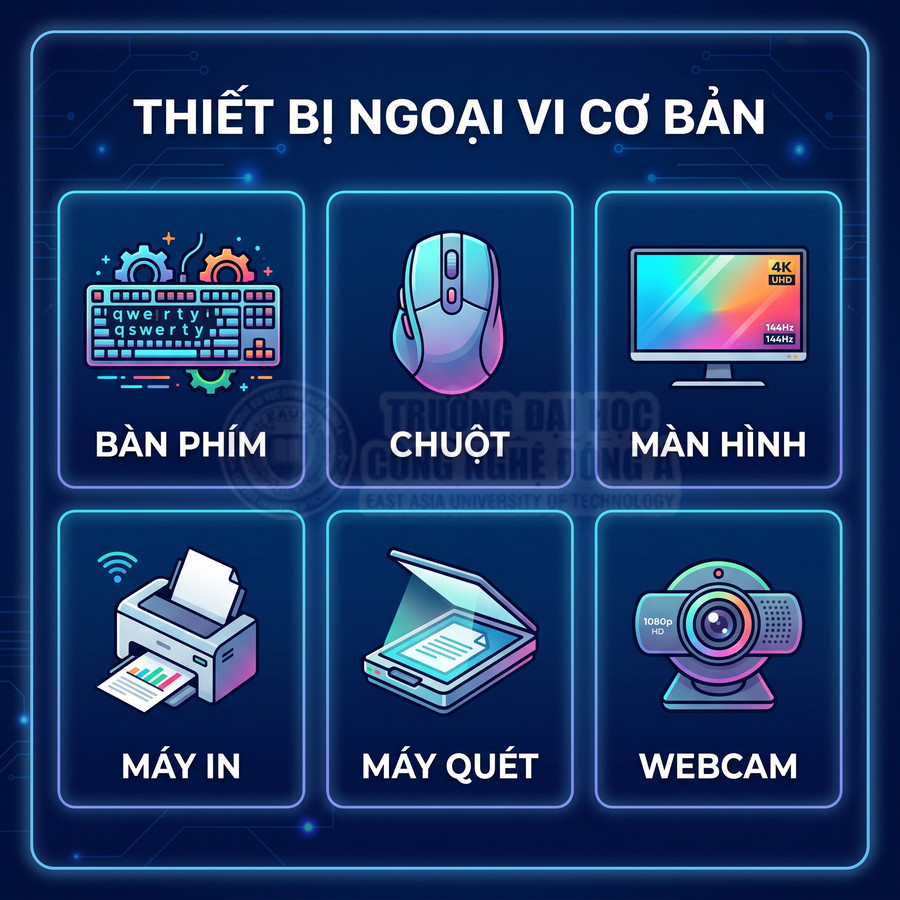 Minh họa các thiết bị ngoại vi cơ bản gồm bàn phím, chuột, màn hình, máy in, máy quét và webcam