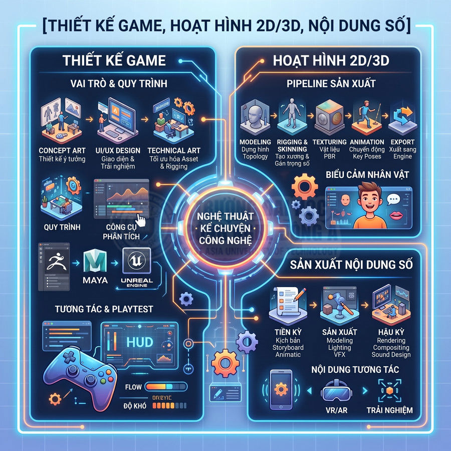 Thiết kế game, hoạt hình 2D 3D và sản xuất nội dung số với quy trình, công cụ và kỹ năng minh họa trực quan