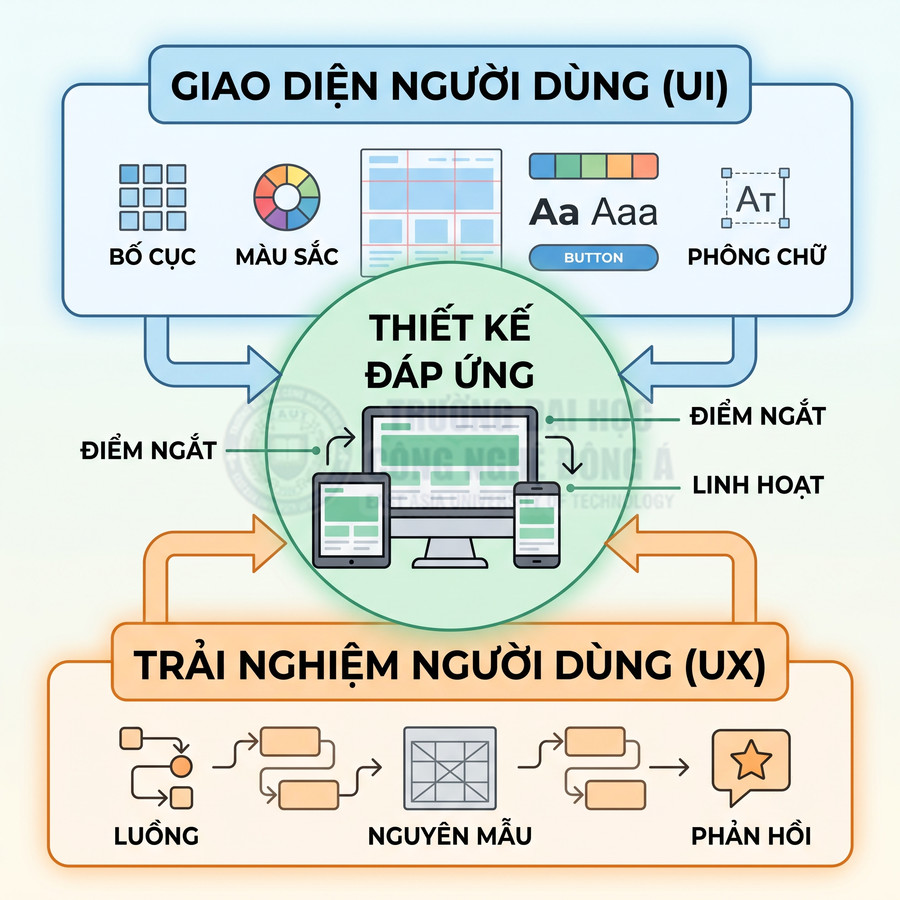 Minh họa mối quan hệ giữa giao diện người dùng UI, trải nghiệm người dùng UX và thiết kế đáp ứng trên đa thiết bị